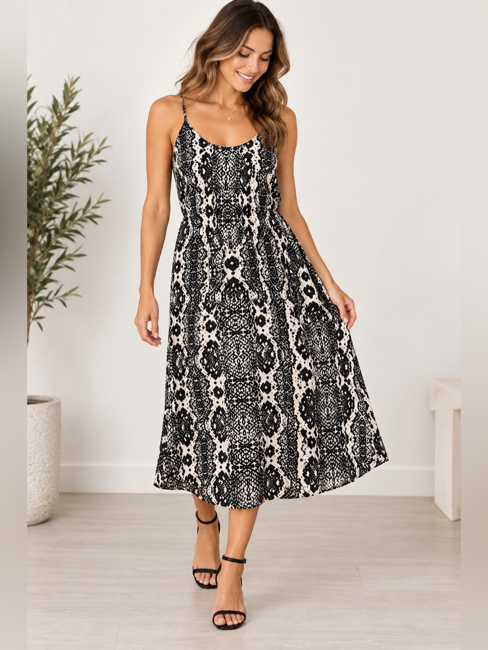 Ann Taylor LOFT Black White Print Midi Dress Spaghetti Strap Size M